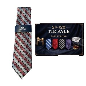 Stafford NWT Geometric Red Silver Print Necktie 4” x 57” Business Dress Tie